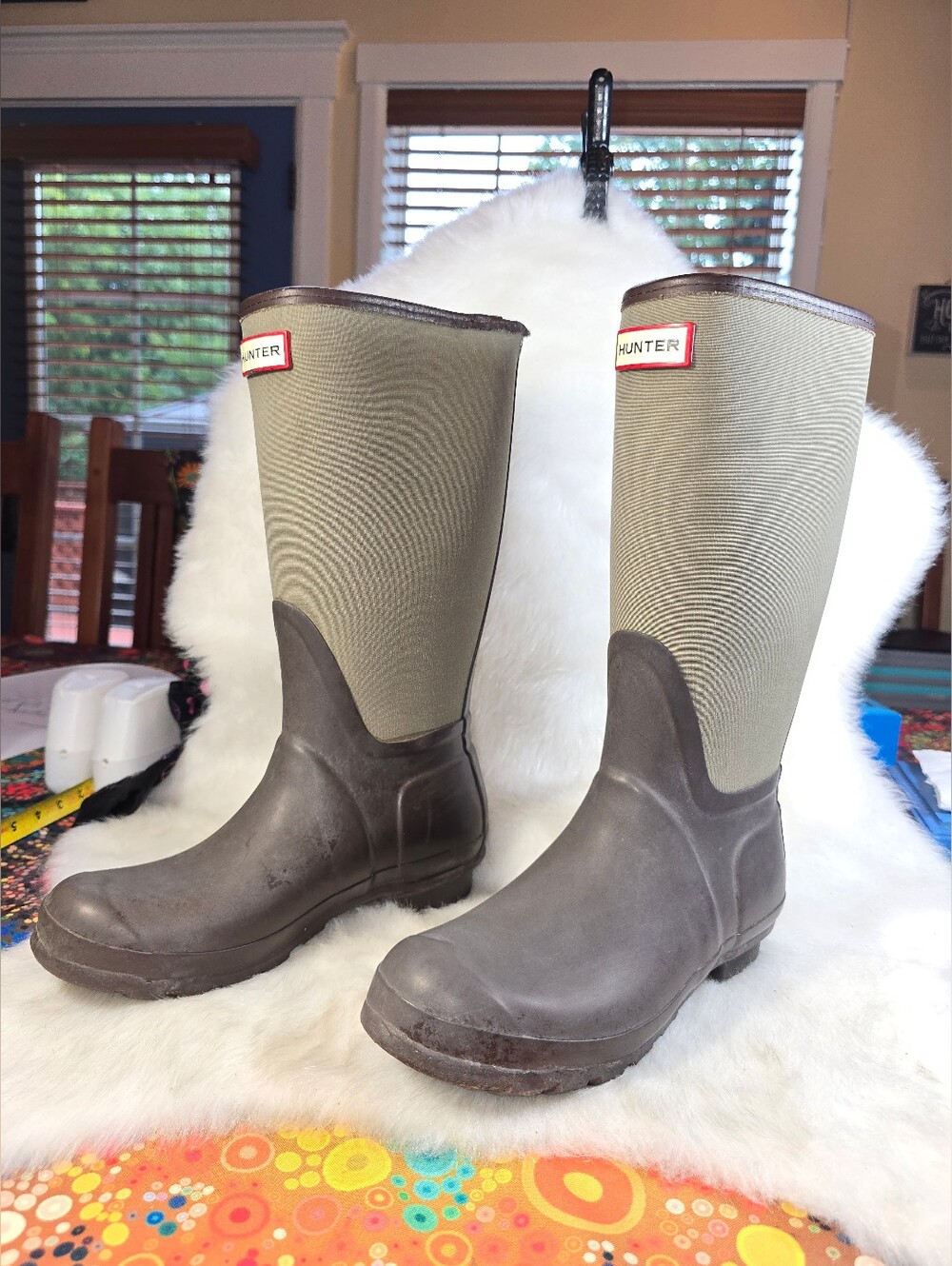 Hunter "Arlen" Canvas & Rubber Rain Boots in Olive Green & Dark Brown - Women'